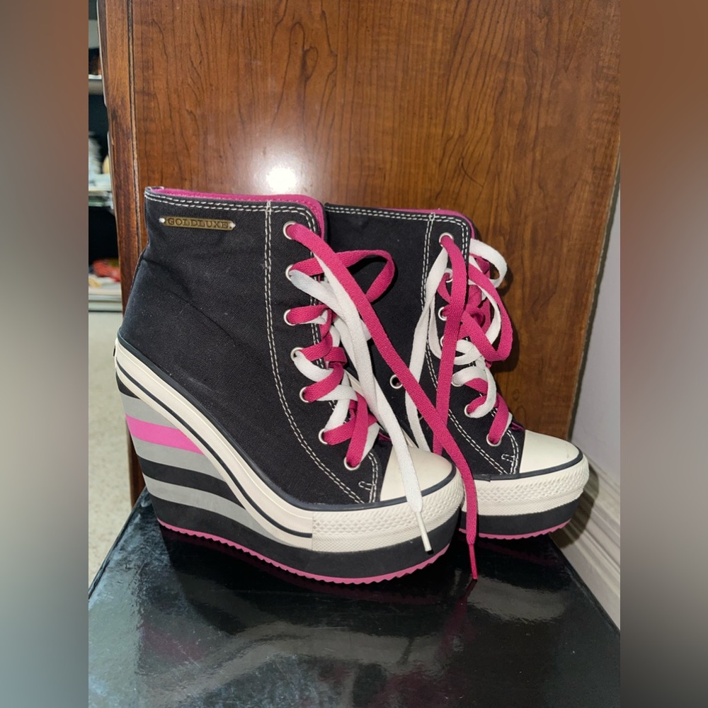 Wedge sneakers, black, pink and white stripes, size 5.5, good condition with box